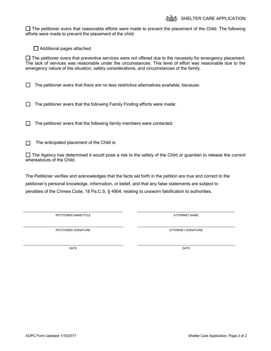 Pennsylvania Shelter Care Application Form - Fill Out, Sign Online and ...