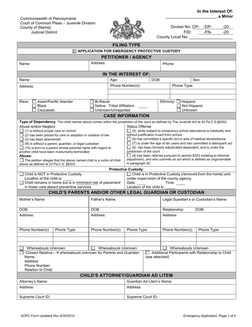 Application for Emergency Protective Custody - Pennsylvania Download Pdf
