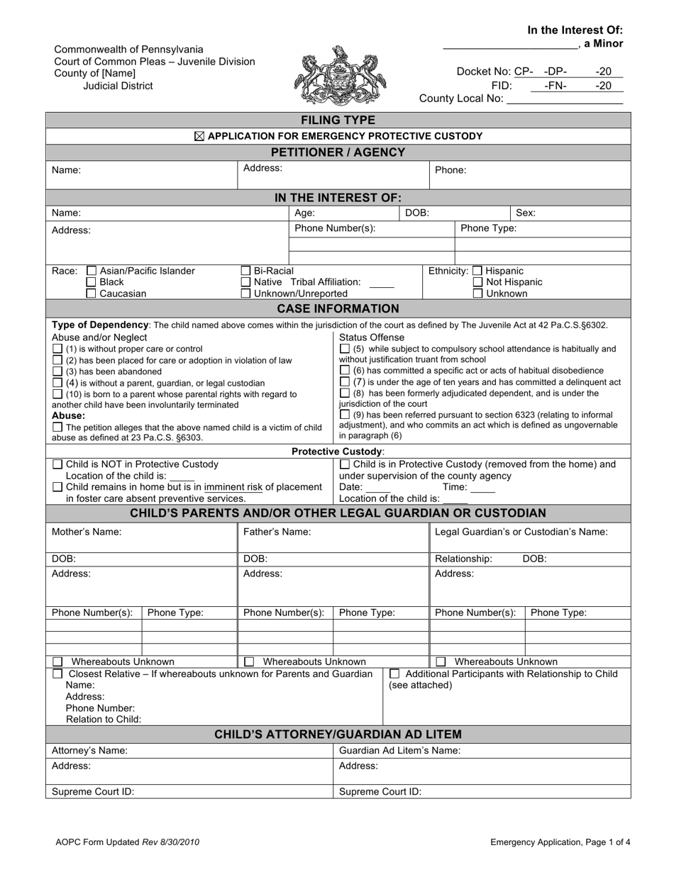 Application for Emergency Protective Custody - Pennsylvania, Page 1