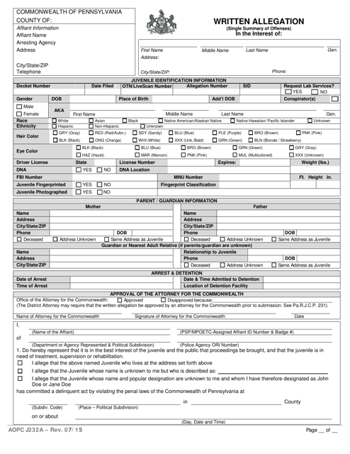 Form AOPC J232A  Printable Pdf