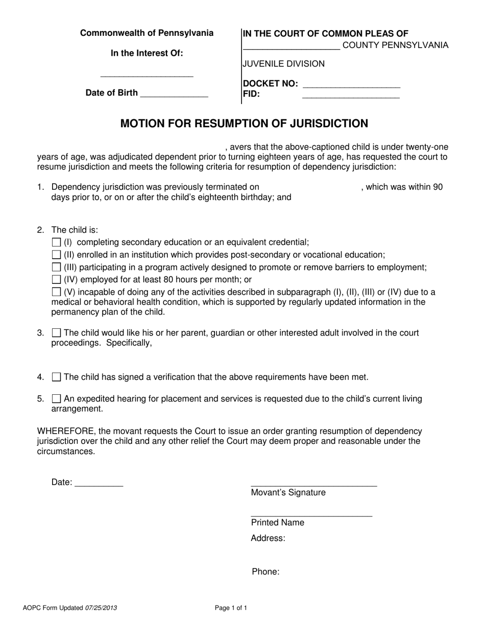 Motion for Resumption of Jurisdiction - Pennsylvania, Page 1