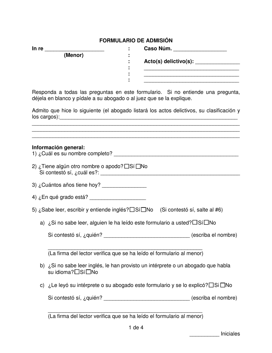 Formulario De Admision - Pennsylvania (Spanish), Page 1