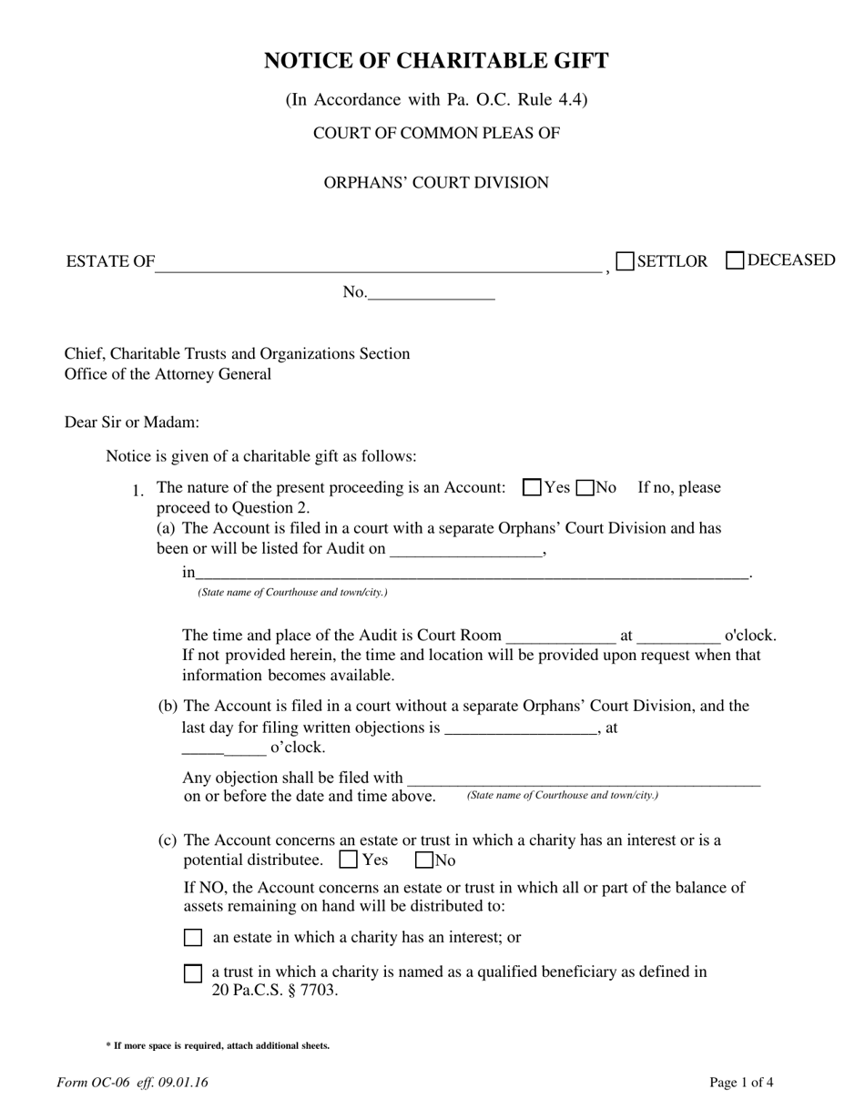 Form OC-06 Notice of Charitable Gift (In Accordance With Pa. O.c. Rule 4.4) - Pennsylvania, Page 1
