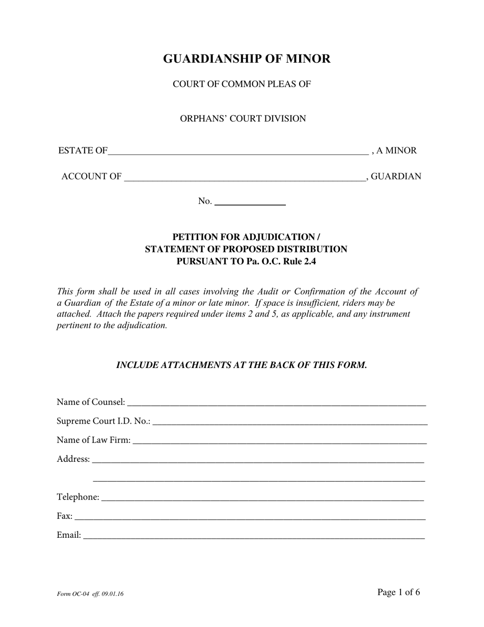 Form OC-4 Petition for Adjudication / Statement of Proposed Distribution Pursuant to Pa. O.c. Rule 2.4 - Pennsylvania, Page 1