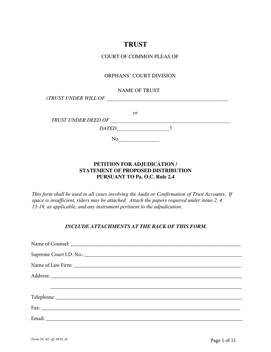 Form OC-2 Petition for Adjudication/Statement of Proposed Distribution Pursuant to Pa. O.c. Rule 2.4 - Pennsylvania, Page 1