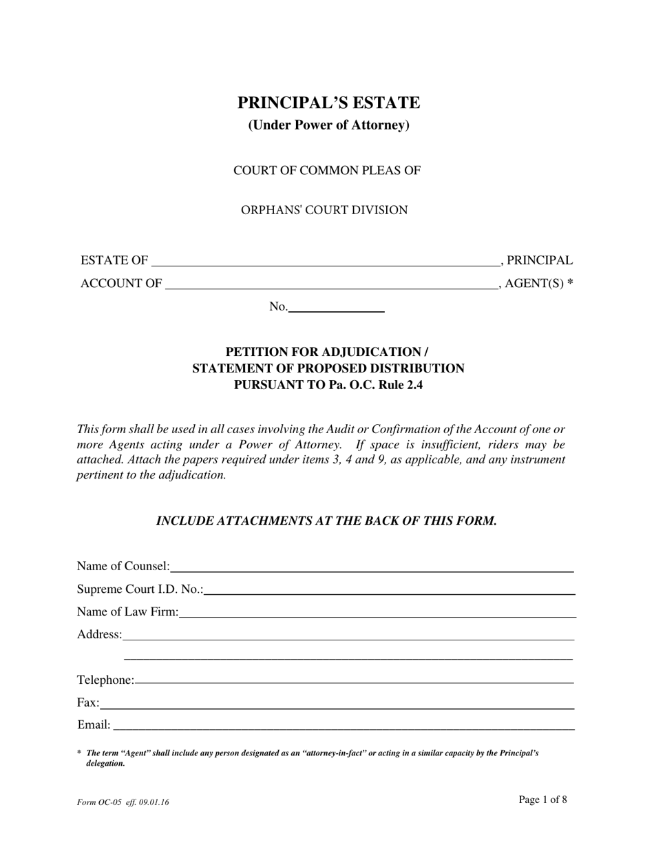 Form OC-05 Petition for Adjudication - Principal's Estate (Under Power of Attorney) - Pennsylvania, Page 1