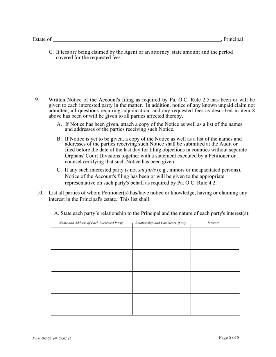 Form OC-05 Petition for Adjudication - Principals Estate (Under Power of Attorney) - Pennsylvania, Page 5