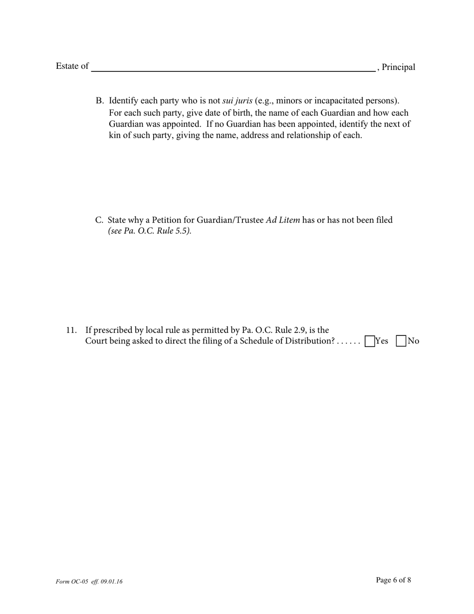 Form OC-05 Petition for Adjudication - Principals Estate (Under Power of Attorney) - Pennsylvania, Page 6