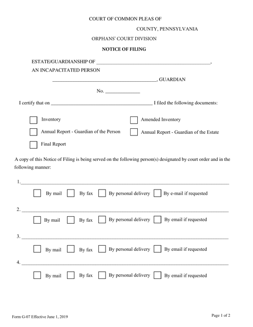 Form G-07 Notice of Filing - Pennsylvania