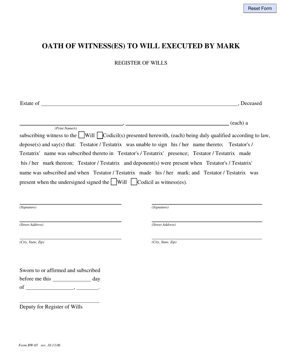 Form RW05 Download Fillable PDF or Fill Online Oath of Witness(Es) to