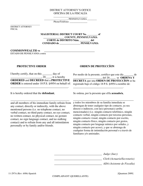 Form 11-297A Protective Order - Pennsylvania (English/Spanish)