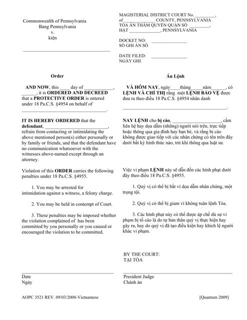 Form AOPC3521 Order - Pennsylvania (English/Vietnamese)
