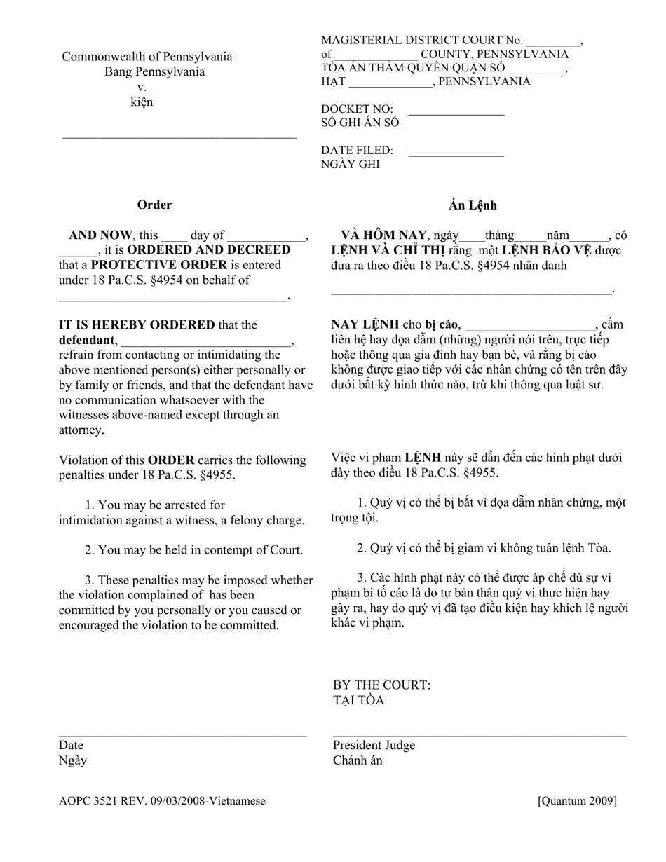 Form AOPC3521 Order - Pennsylvania (English / Vietnamese), Page 1