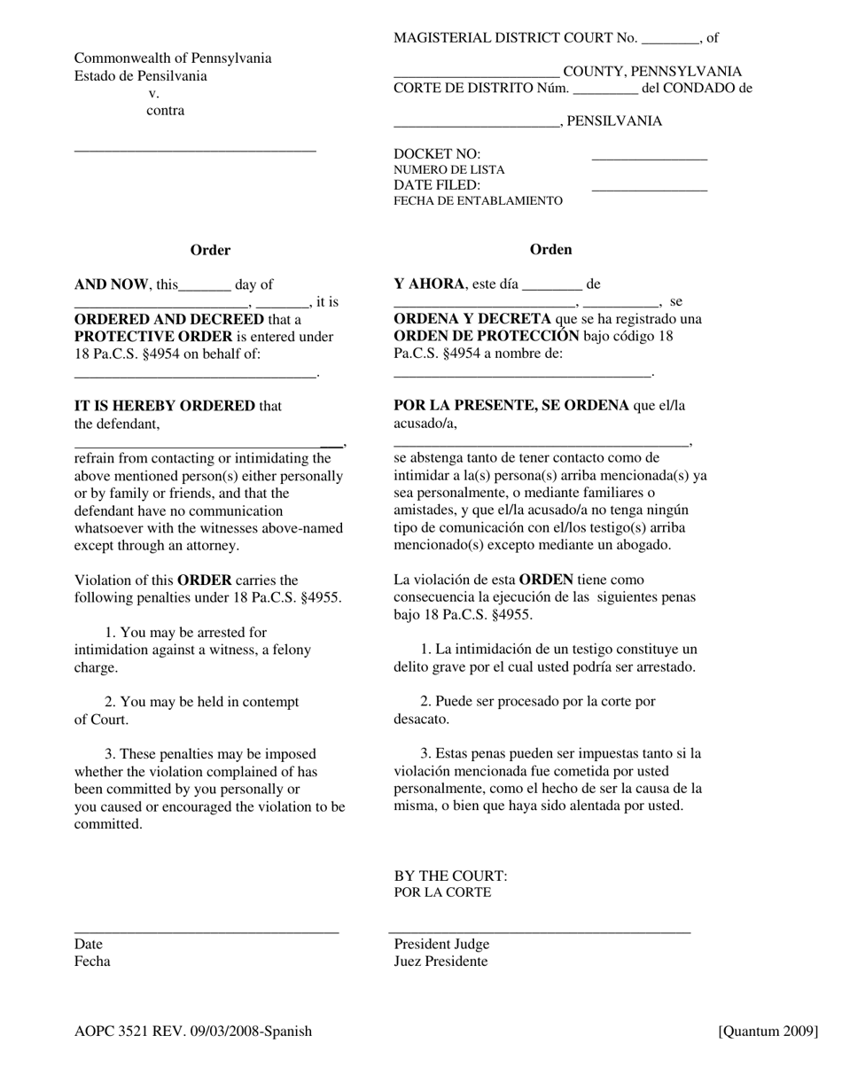 Form AOPC3521 Order - Pennsylvania (English / Spanish), Page 1