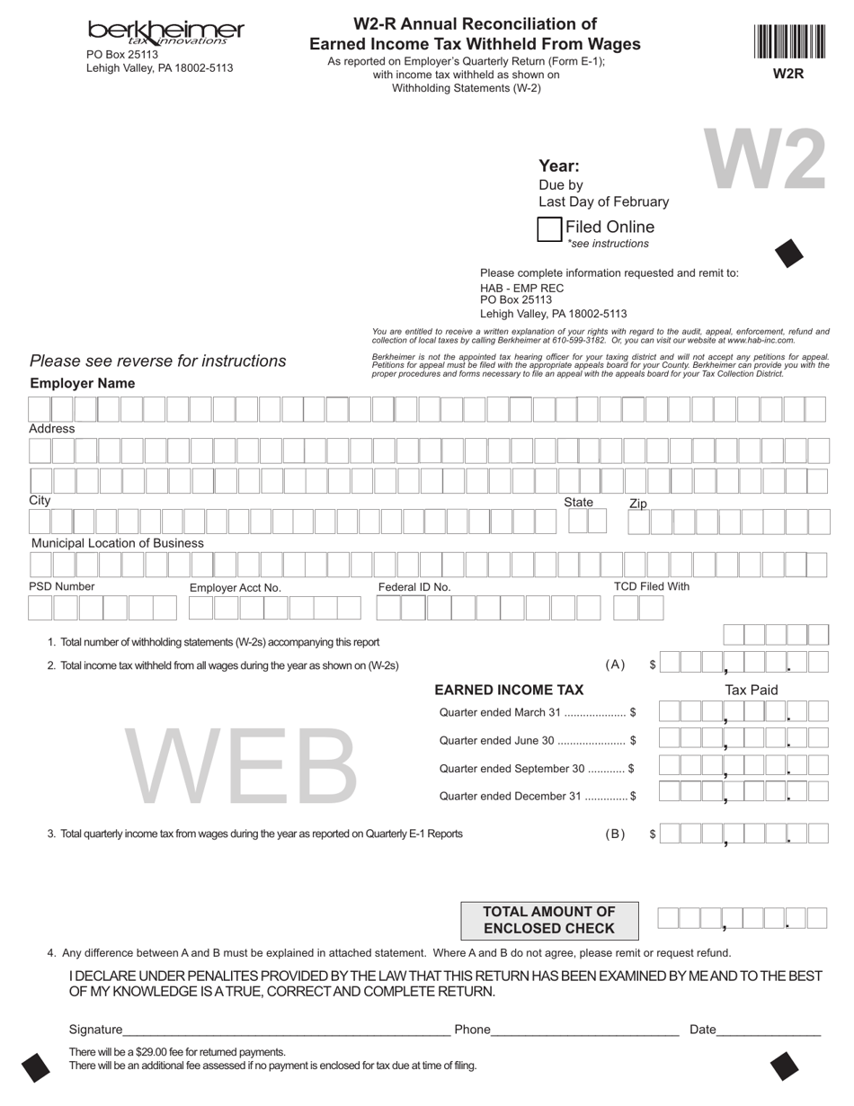 Form W2-R Annual Reconciliation of Earned Income Tax Withheld From Wages - Pennsylvania, Page 1