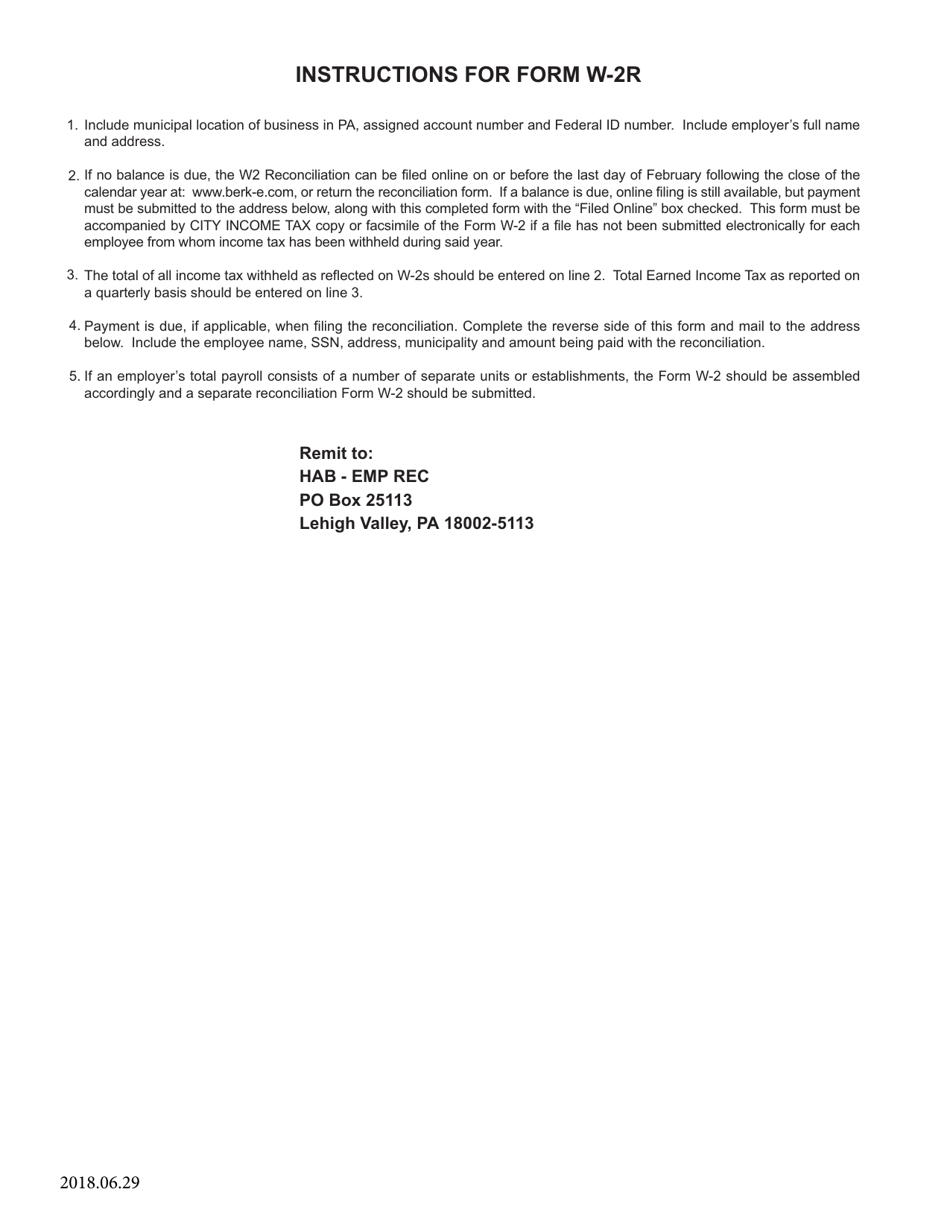 Form W2-R Annual Reconciliation of Earned Income Tax Withheld From Wages - Pennsylvania, Page 2
