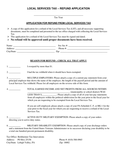"Application for Refund From Local Services Tax" - Pennsylvania Download Pdf