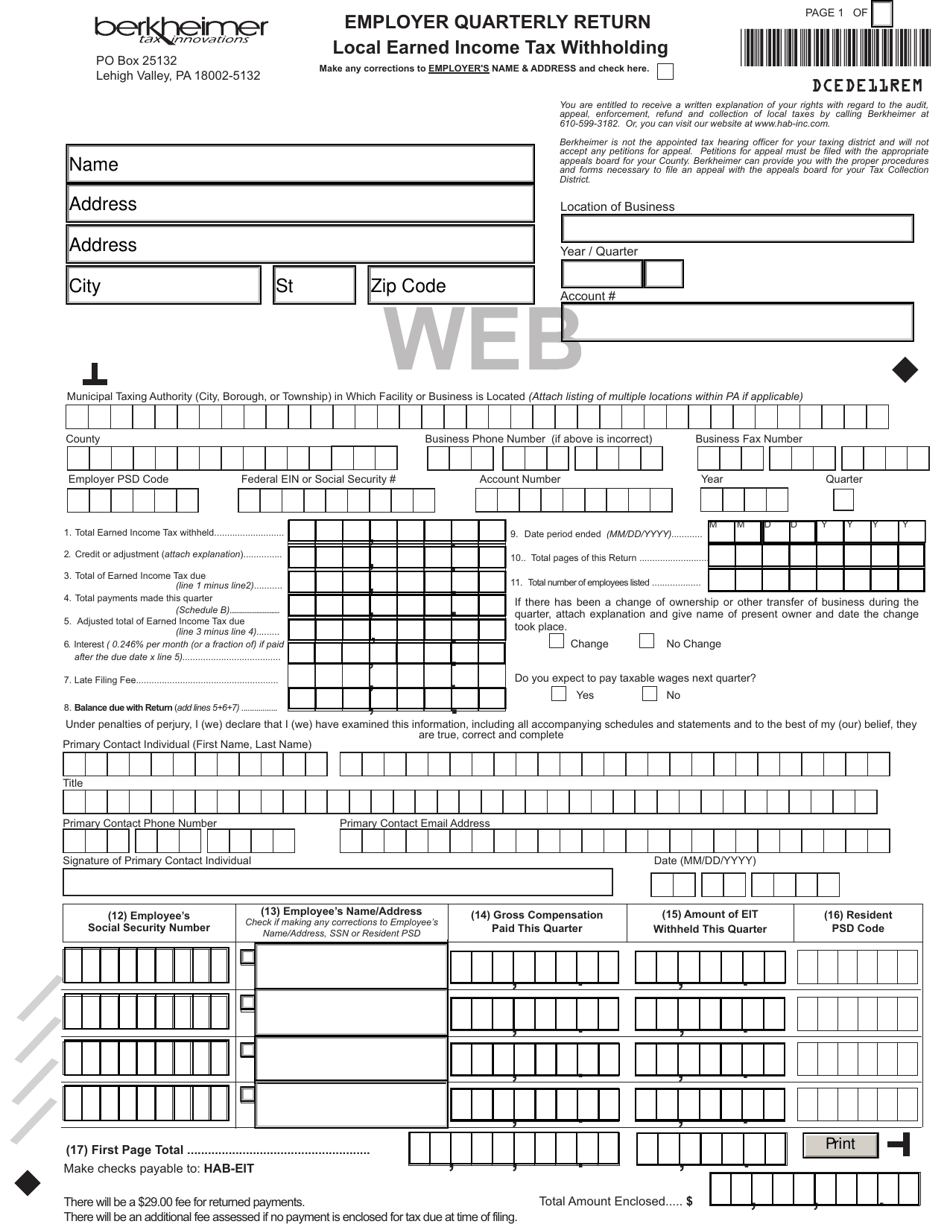 Form DCEDE11REM Employer Quarterly(return Local(earned Income Tax Withholding - Pennsylvania, Page 1