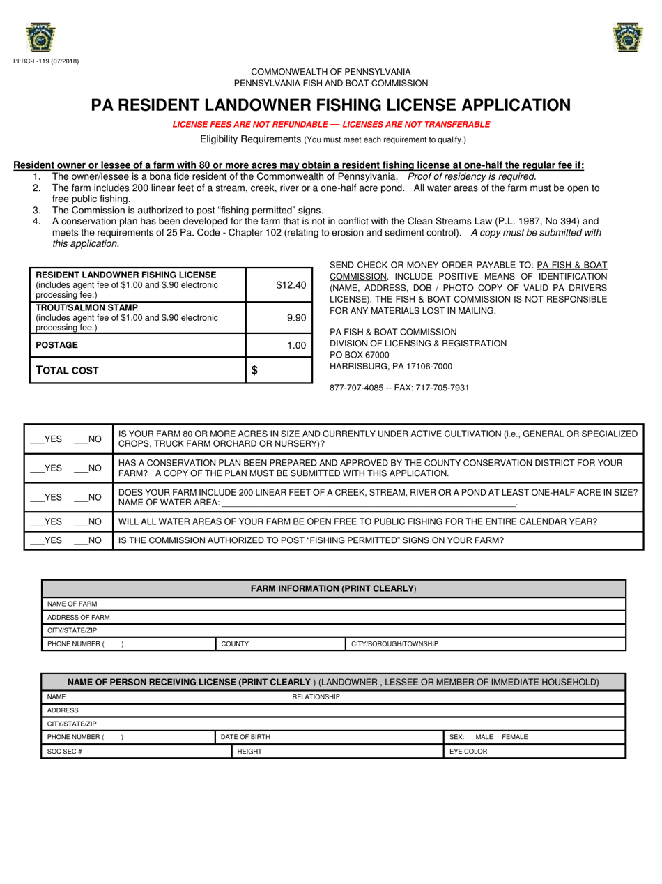 Form PFBCL119 Download Printable PDF or Fill Online Pa Resident Landowner Fishing License