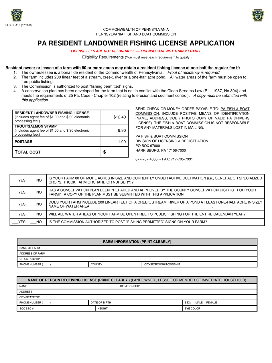 Form PFBC-L-119 Pa Resident Landowner Fishing License Application - Pennsylvania, Page 1