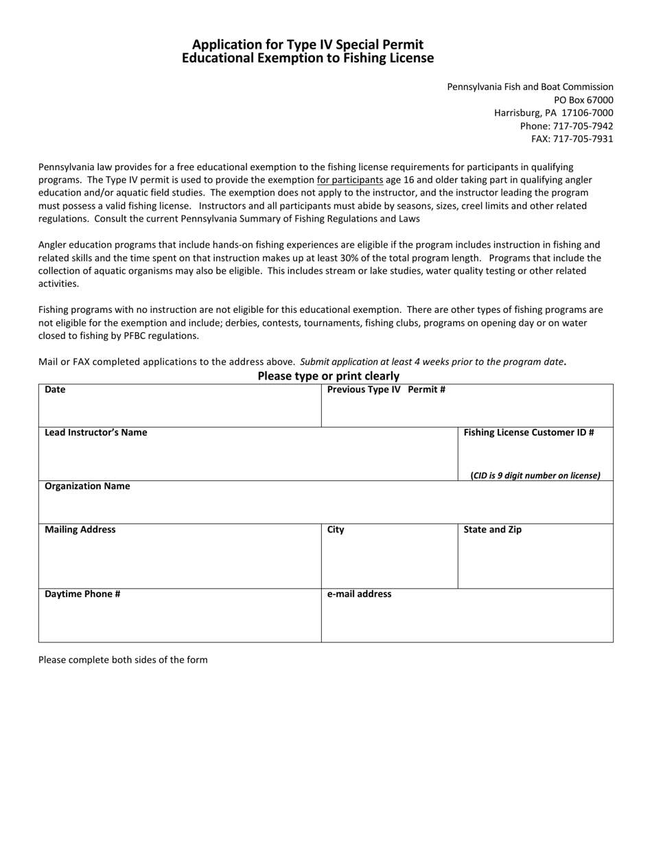 Application for Type IV Special Permit Educational Exemption to Fishing License - Pennsylvania, Page 1
