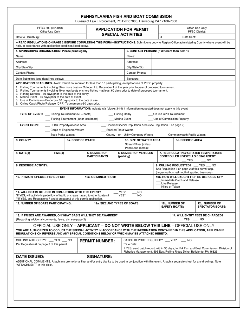 Form PFBC-500 Application for Permit Special Activities - Pennsylvania, Page 1