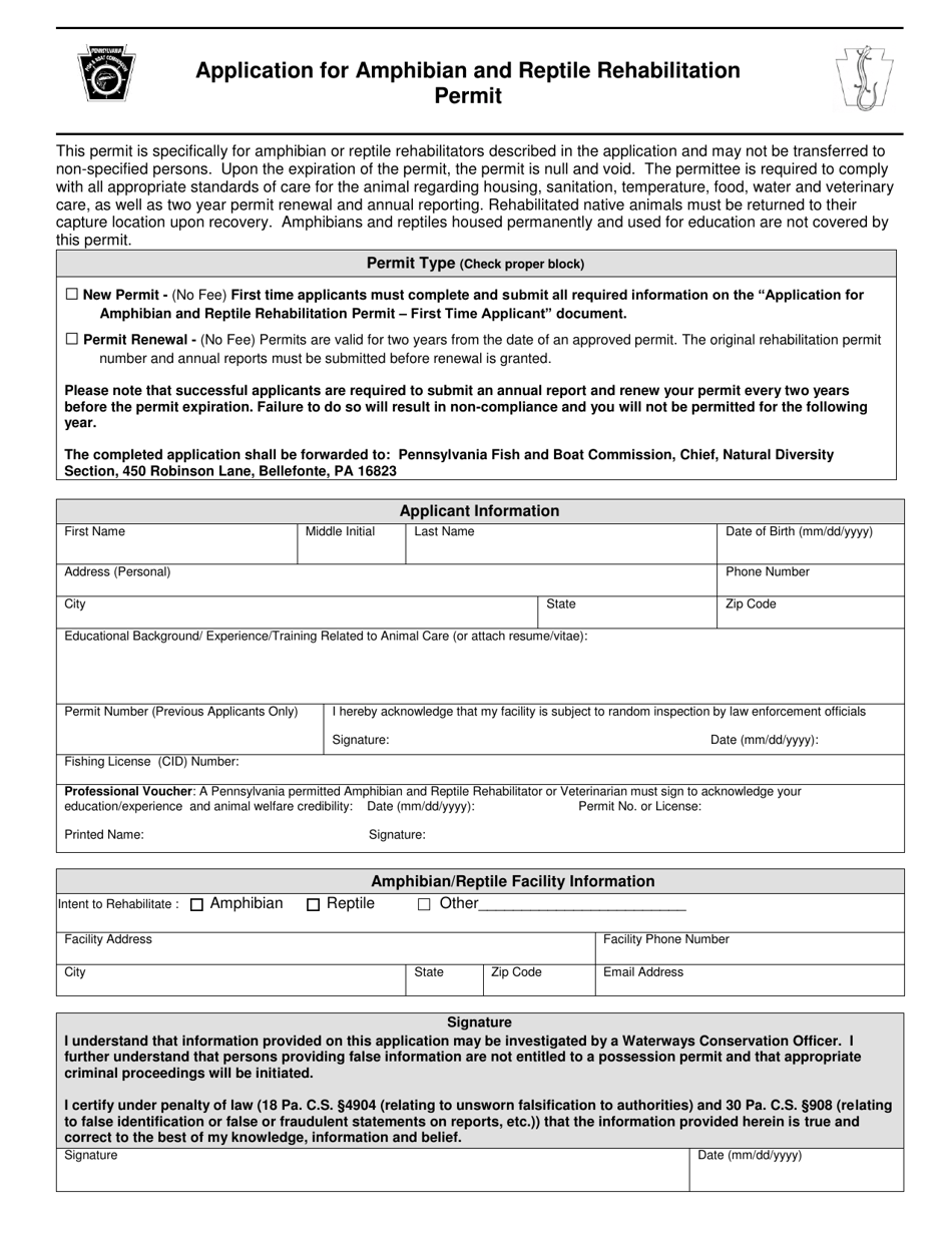 Application for Amphibian and Reptile Rehabilitation Permit - Pennsylvania, Page 1