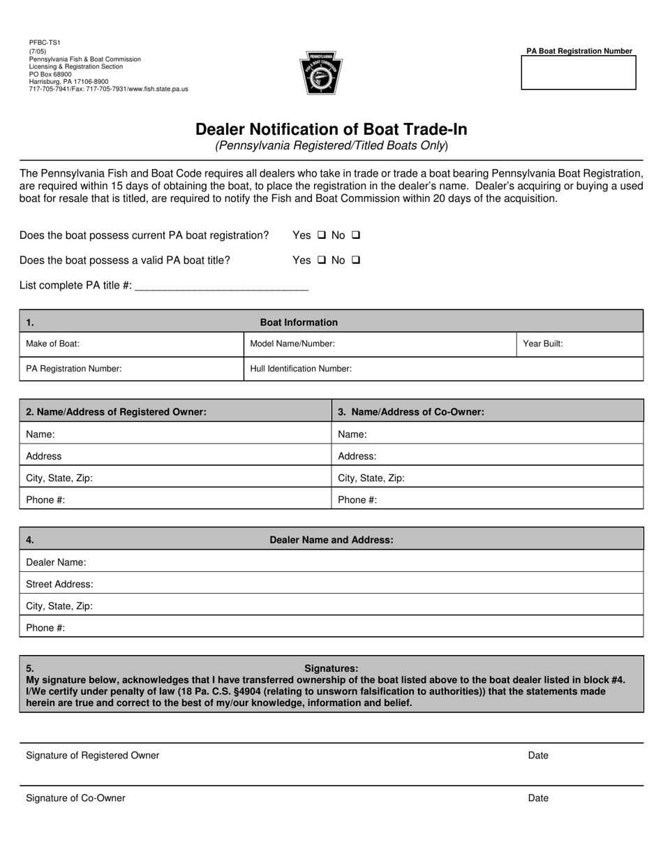Form PFBC-TS1 Dealer Notification of Boat Trade-In - Pennsylvania, Page 1