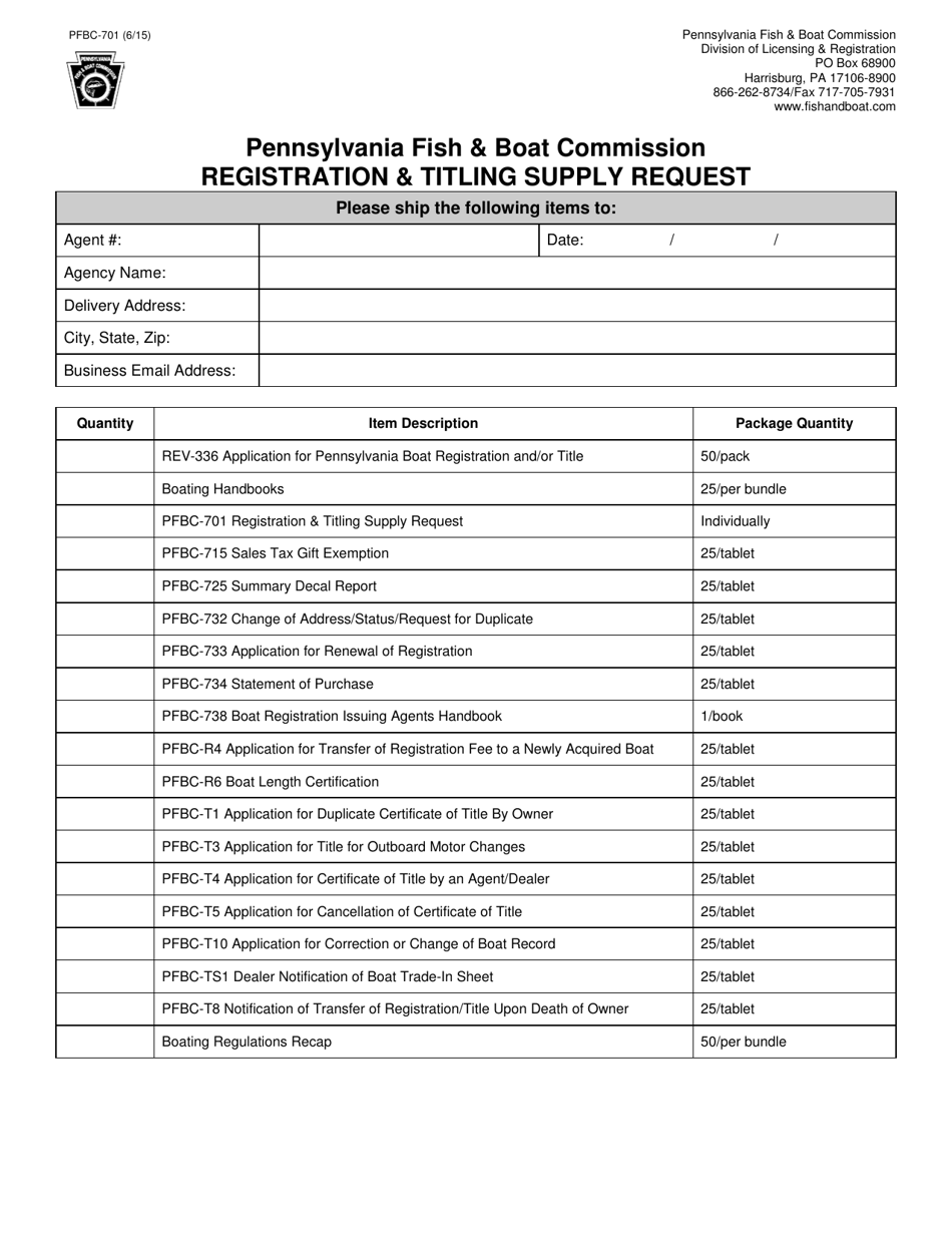 Form PFBC-701 Registration  Titling Supply Request - Pennsylvania, Page 1