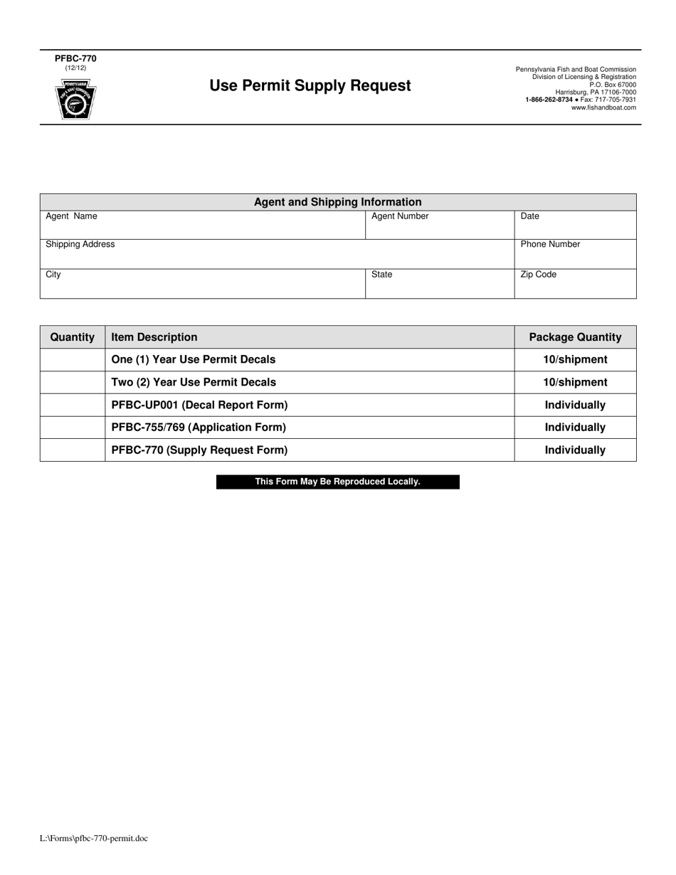 Form PFBC-770 Use Permit Supply Request - Pennsylvania, Page 1