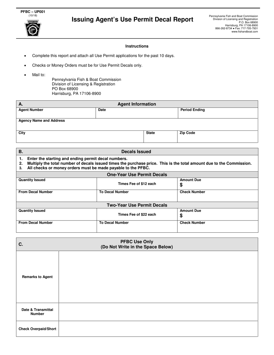 Form PFBC-UP001 Issuing Agents Use Permit Decal Report - Pennsylvania, Page 1
