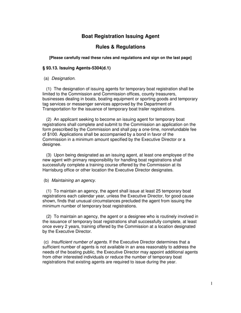 Boat Registration Issuing Agent Rules & Regulations - Pennsylvania Download Pdf