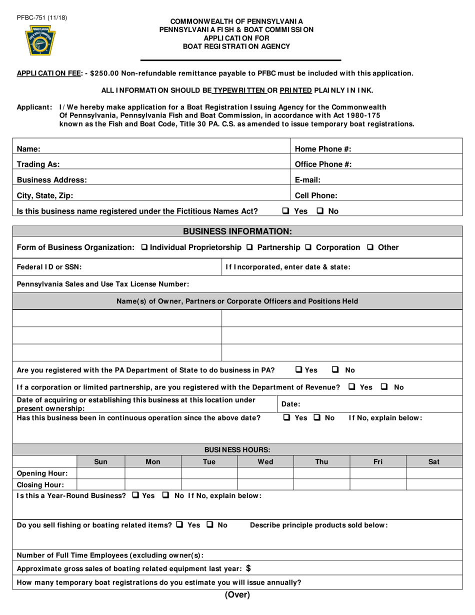 Form PFBC-751 Application for Boat Registration Agency - Pennsylvania, Page 1