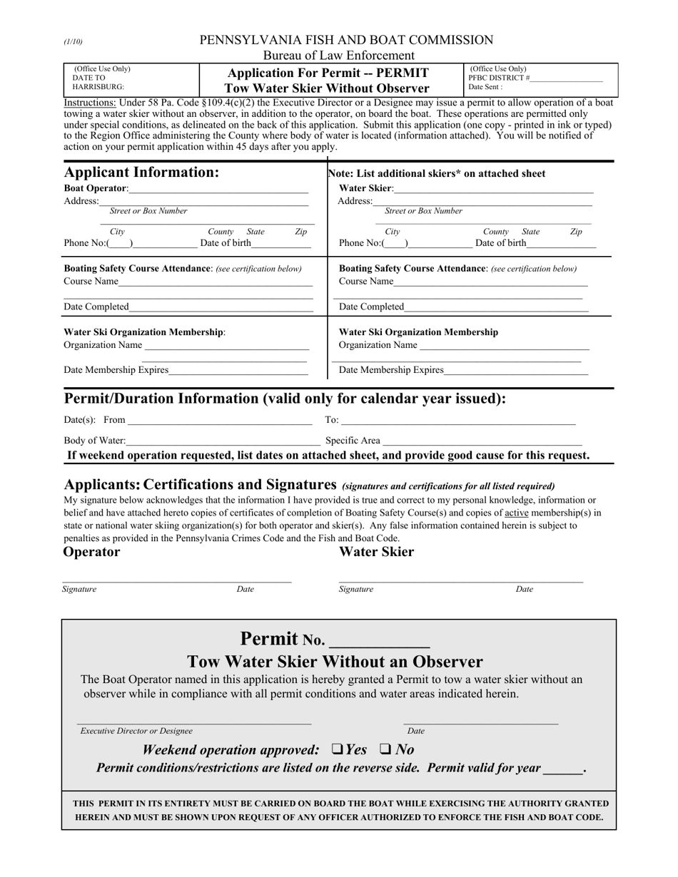 Application for Permit - Tow Water Skier Without Observer - Pennsylvania, Page 1