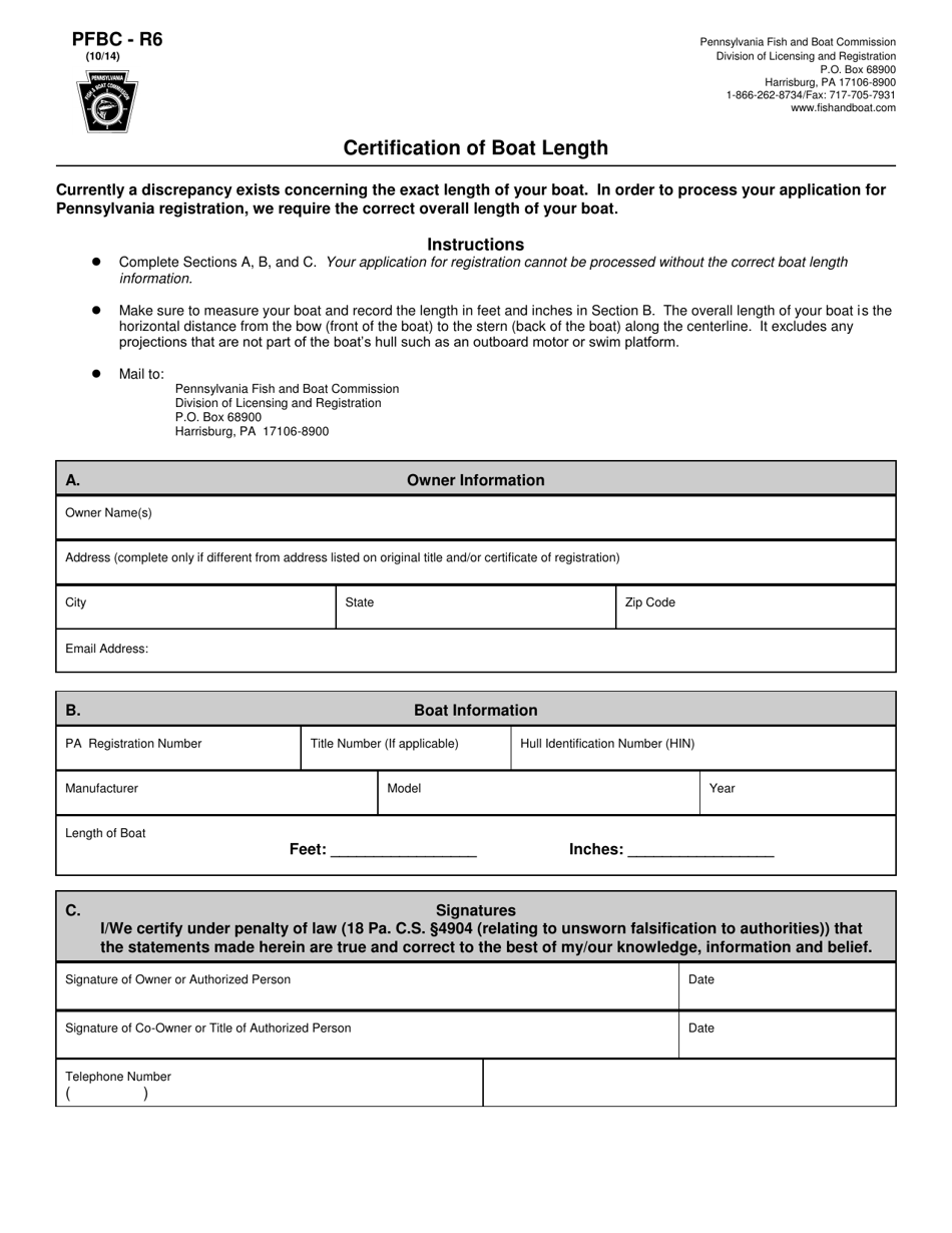 Form PFBC-R6 Certification of Boat Length - Pennsylvania, Page 1
