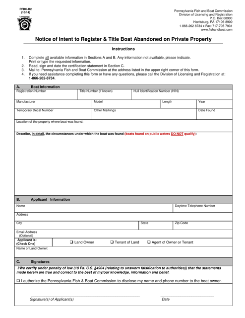Form PFBC-R2 Notice of Intent to Register & Title Boat Abandoned on Private Property - Pennsylvania