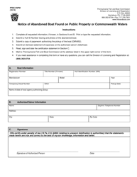 Document preview: Form PFBC-R3PW Notice of Abandoned Boat Found on Public Property or Commonwealth Waters - Pennsylvania