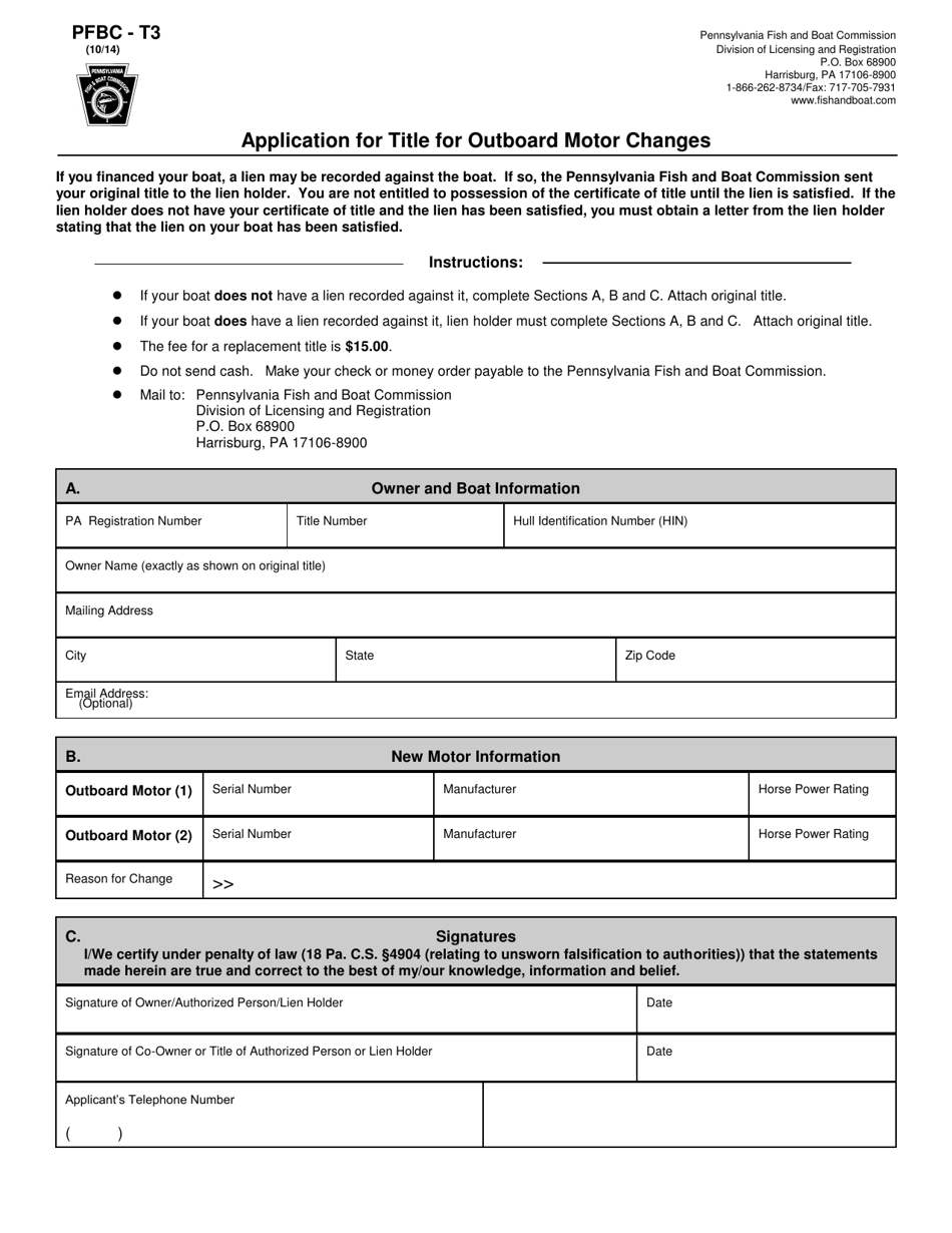 Form PFBC-T3 Application for Title for Outboard Motor Changes - Pennsylvania, Page 1