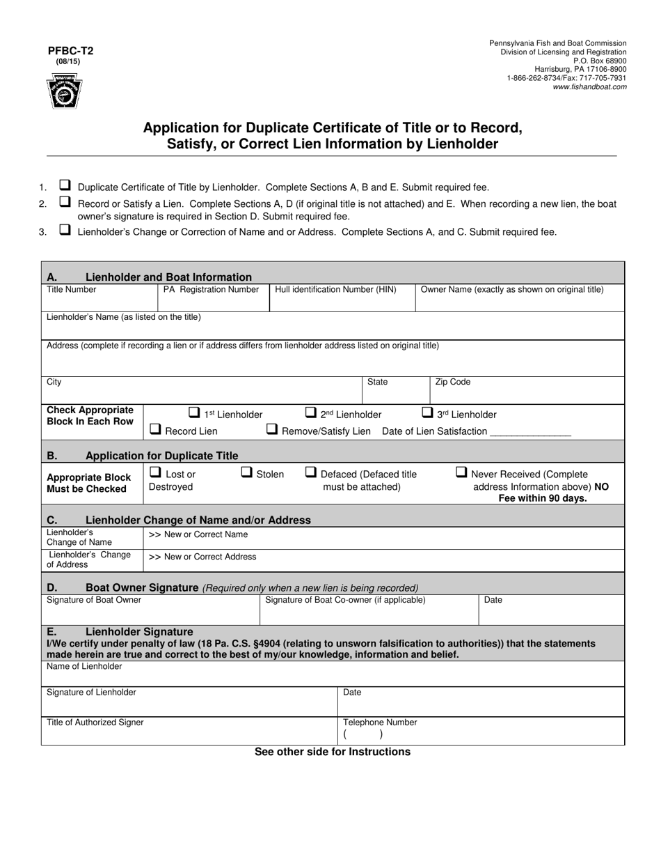Form PFBC-T2 Application for Duplicate Certificate of Title or to Record, Satisfy, or Correct Lien Information by Lienholder - Pennsylvania, Page 1