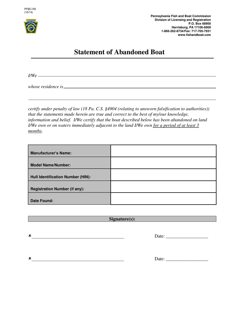 Form PFBC-R5 Statement of Abandoned Boat - Pennsylvania, Page 1