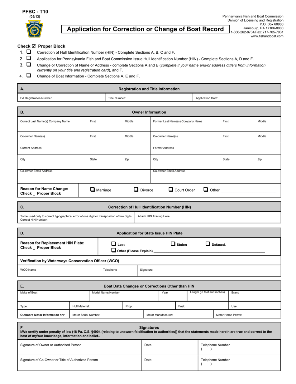Form PFBC-T10 Application for Correction or Change of Boat Record - Pennsylvania, Page 1