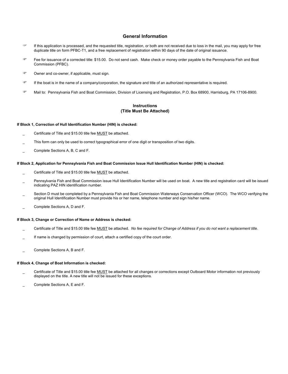 Form PFBC-T10 Application for Correction or Change of Boat Record - Pennsylvania, Page 2