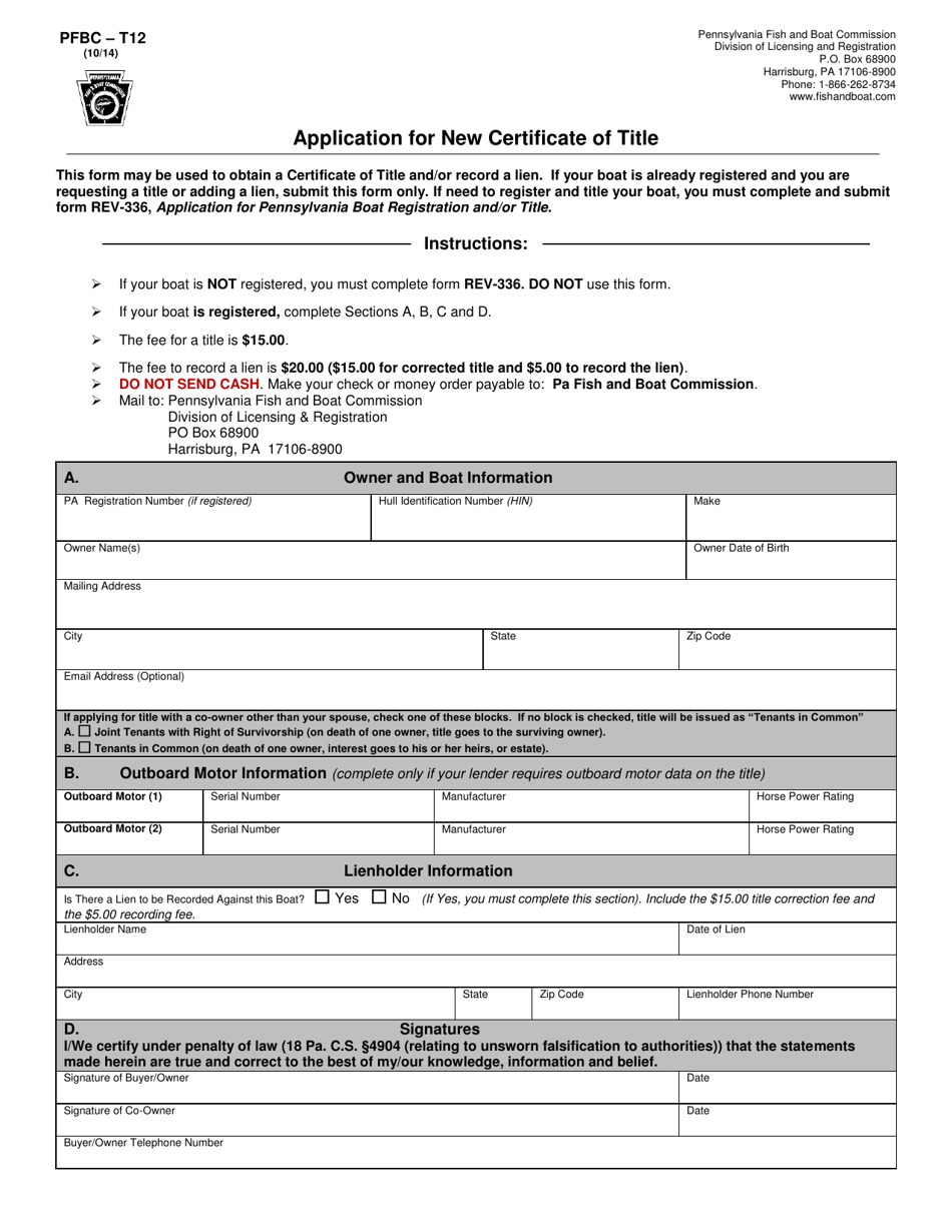 Form PFBC-T12 Application for New Certificate of Title - Pennsylvania, Page 1