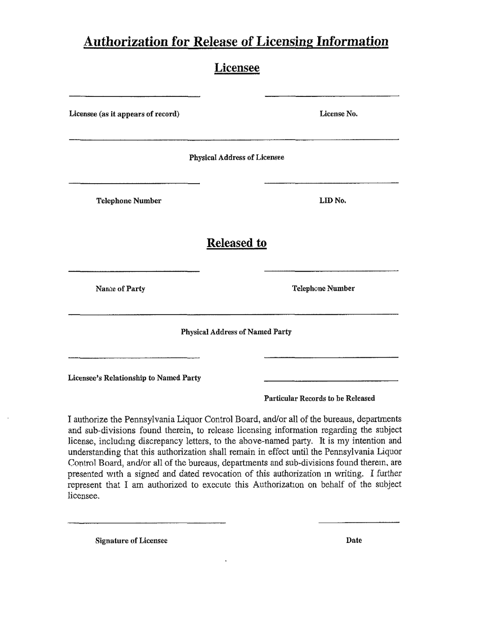 Authorization for Release of Licensing Information - Pennsylvania, Page 1