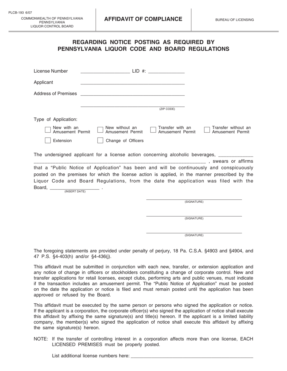 Form PLCB-193 Affidavit of Compliance - Pennsylvania, Page 1