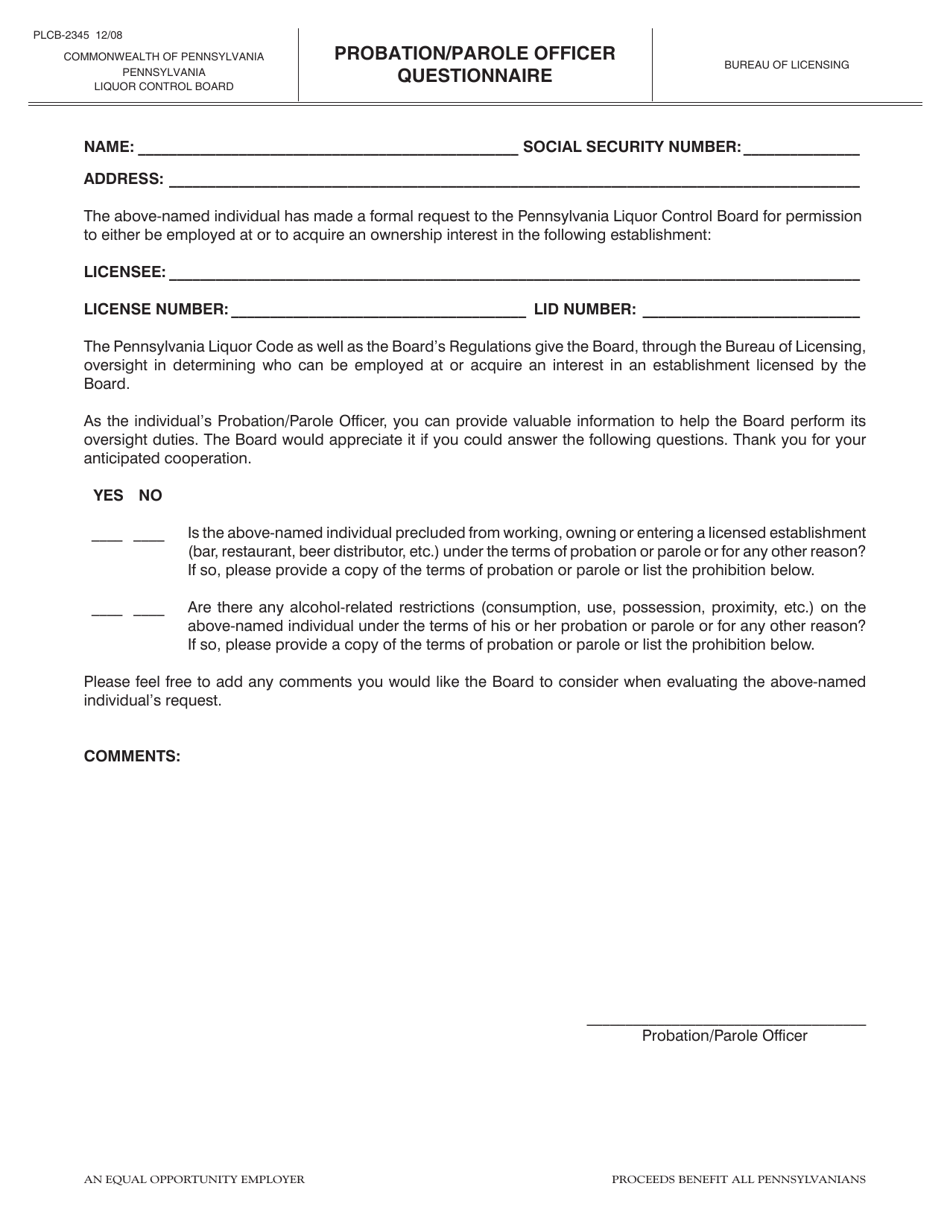 Form PLCB-2345 Probation / Parole Officer Questionnaire - Pennsylvania, Page 1