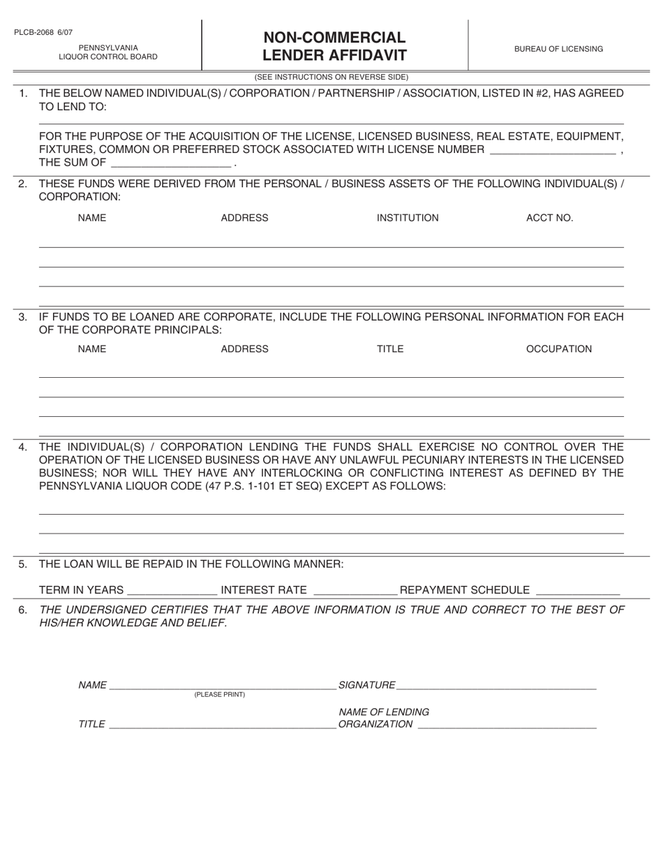 Form PLCB-2068 Non-commercial Lender Affidavit - Pennsylvania, Page 1