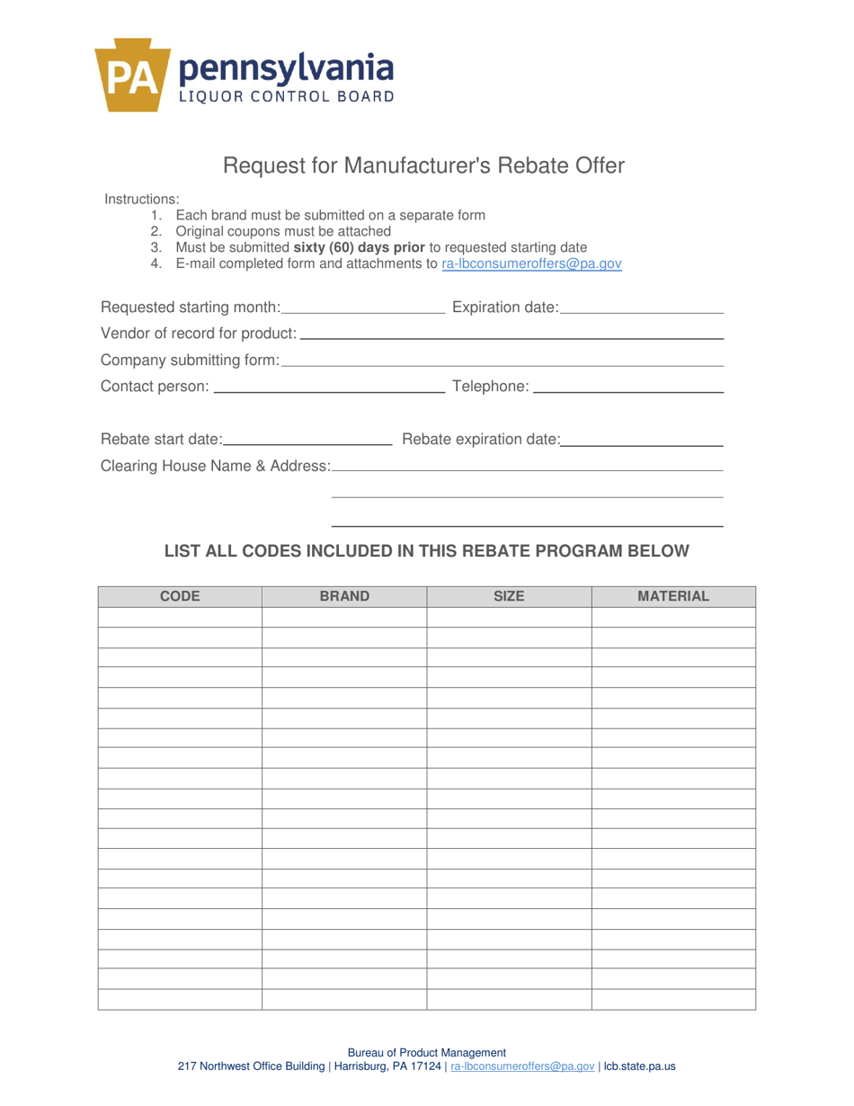 Request for Manufacturers Rebate Offer - Pennsylvania, Page 1