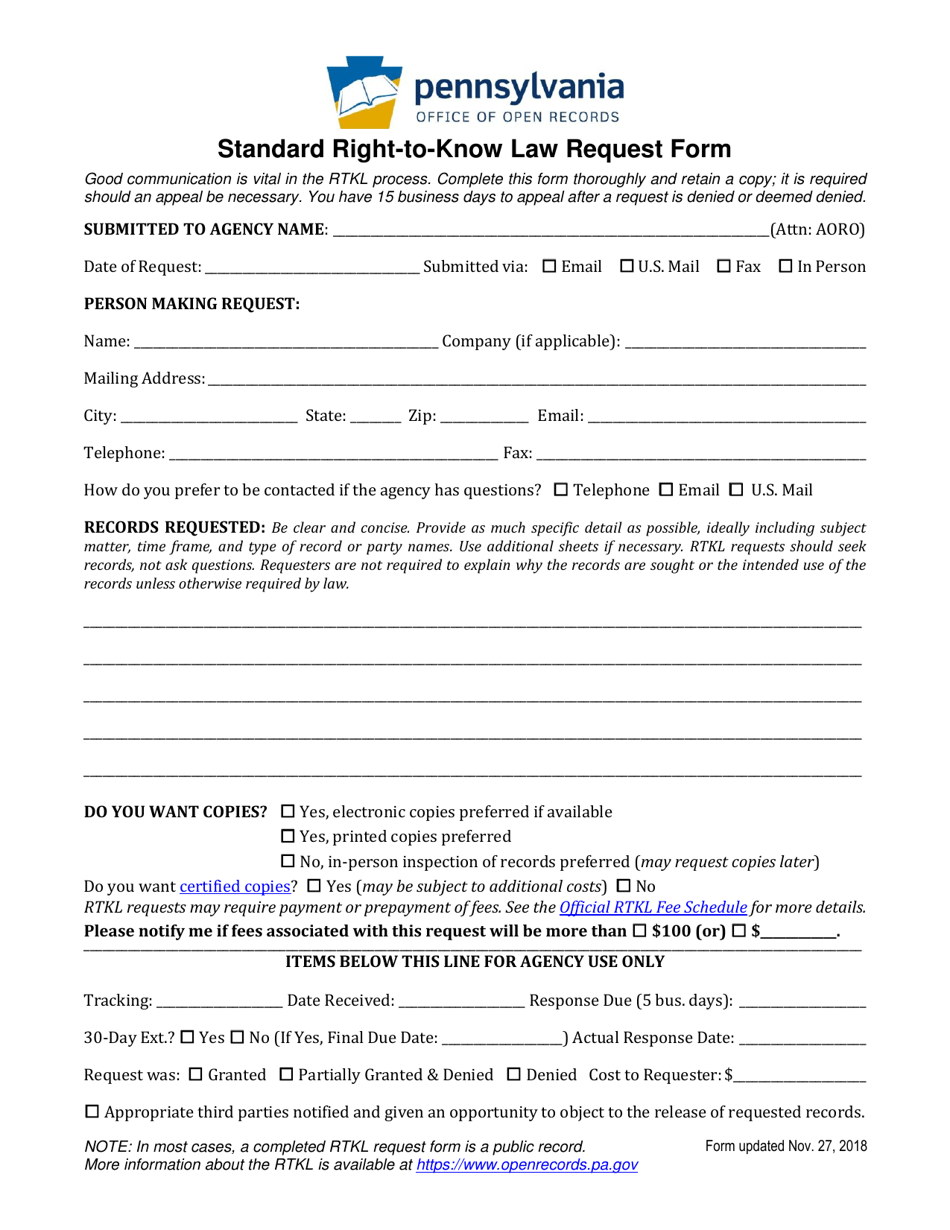 Standard Right-To-Know Law Request Form - Pennsylvania, Page 1