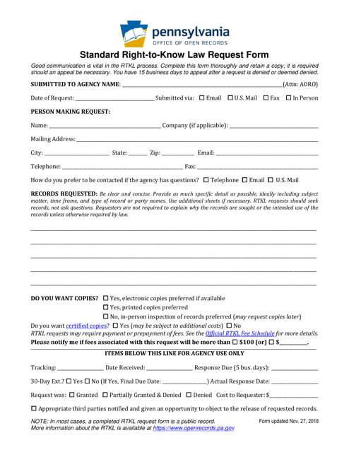 Standard Right-To-Know Law Request Form - Pennsylvania Download Pdf